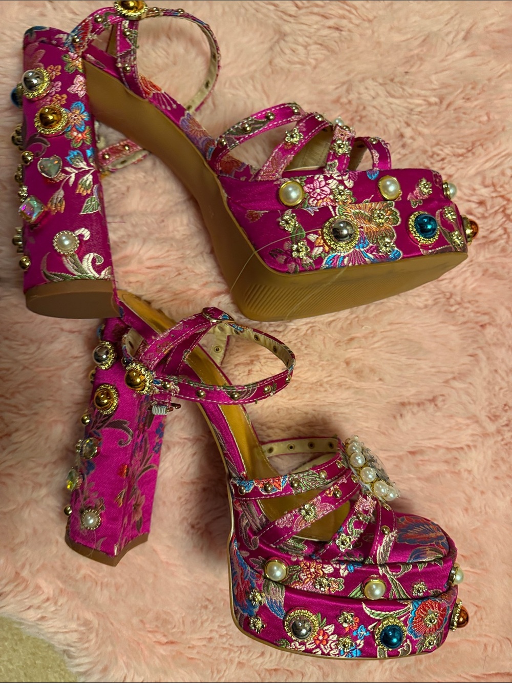 Pink Embellished Floral Block Heel Sandals - Women's Statement Heels